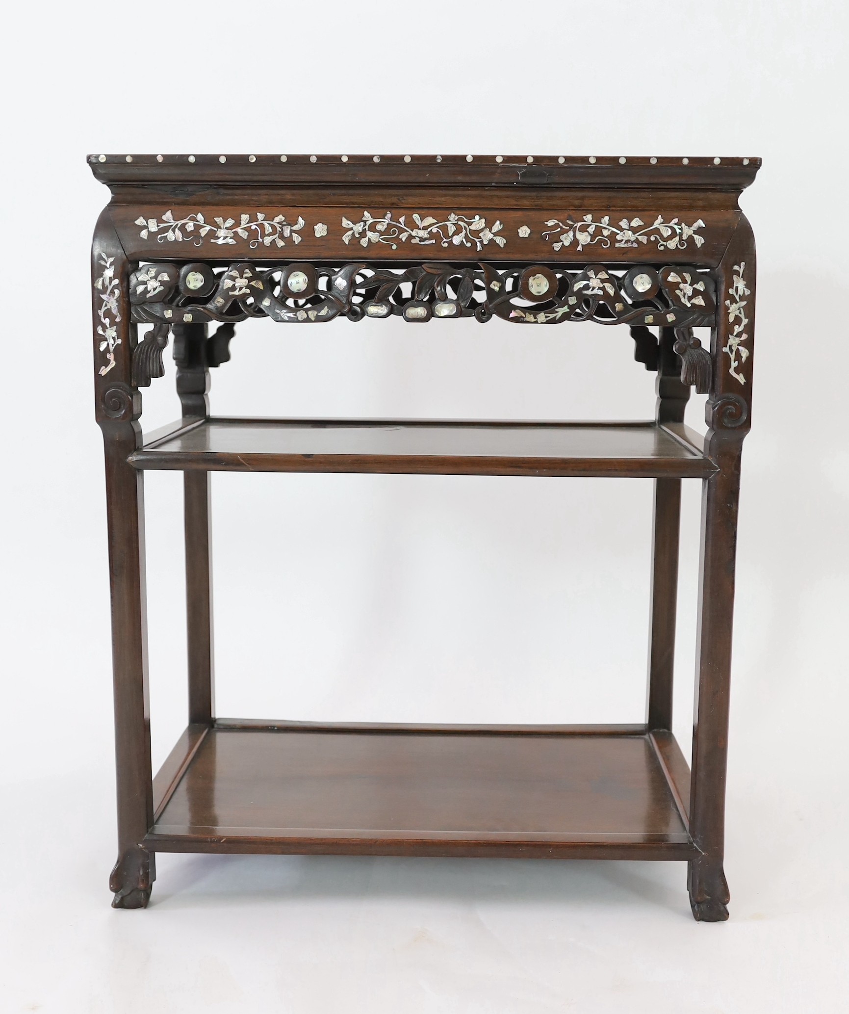 A late 19th century Chinese inlaid mother of pearl hongmu three tier table, 65cm wide, 40cm deep, 77.5cm high